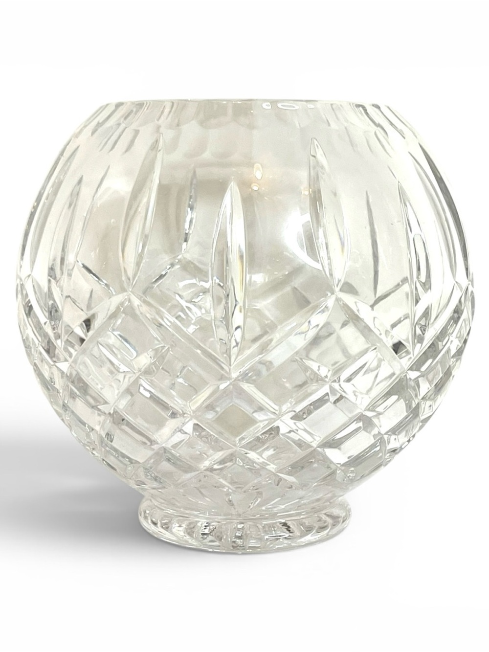 VTG Cut Crystal Rose Bowl Vase Diamond Fan Pattern Round Footed Scalloped Heavy